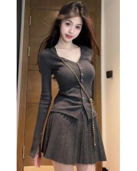 Dark-gray autumn and winter sweater slim skirt 2pcs set