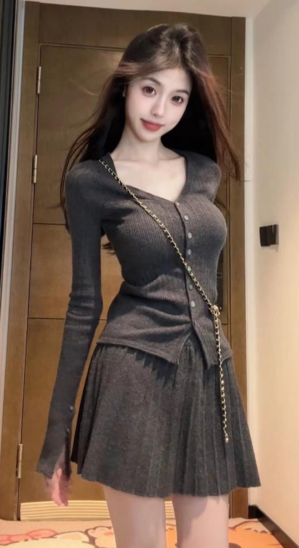 Dark-gray autumn and winter sweater slim skirt 2pcs set