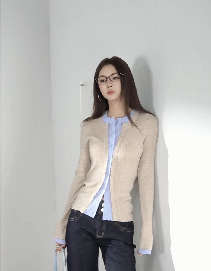Pseudo-two knitted tops slim wool cardigan for women
