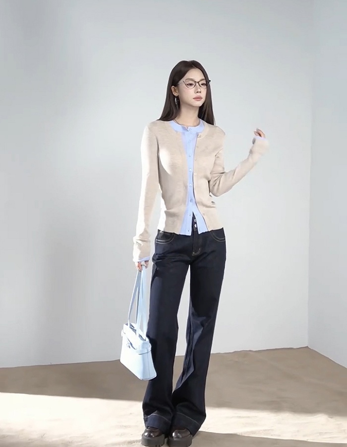 Pseudo-two knitted tops slim wool cardigan for women