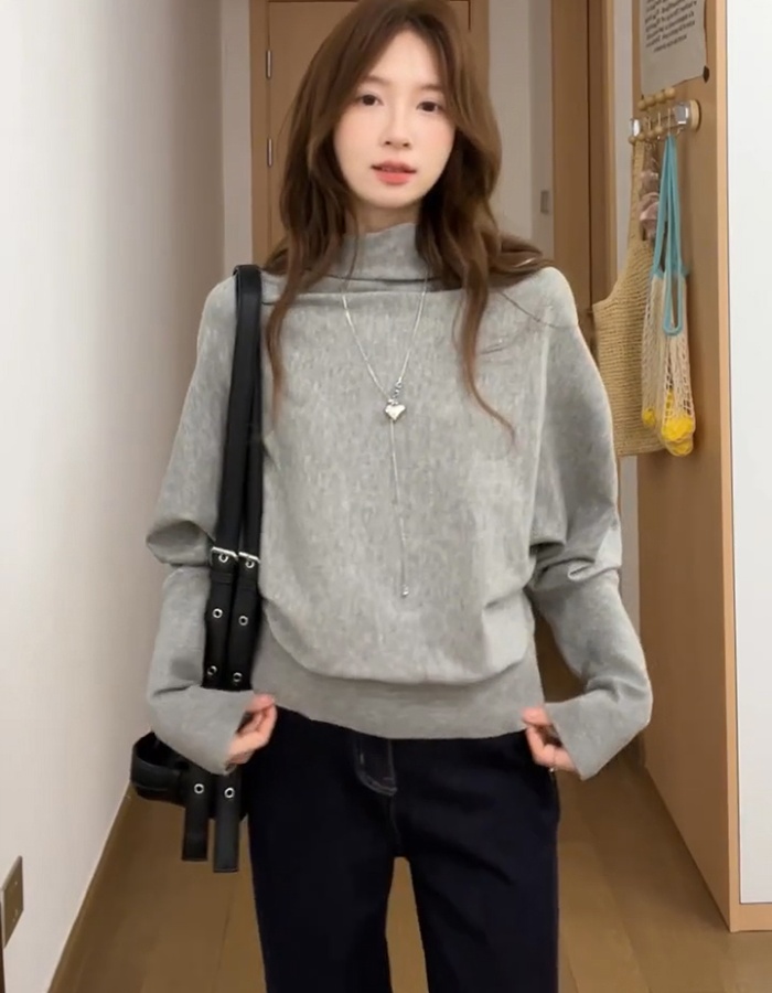 Bat sleeve loose gray tops pullover autumn sweater for women
