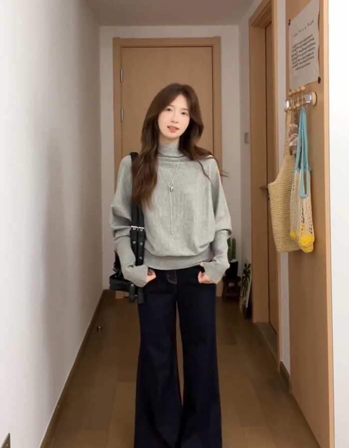 Bat sleeve loose gray tops pullover autumn sweater for women