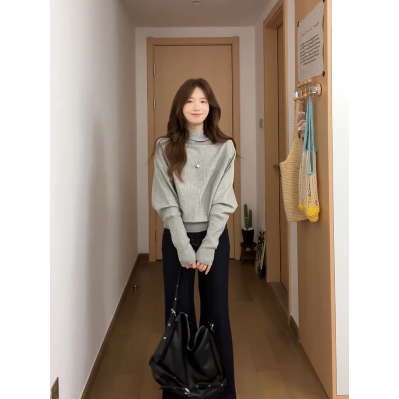 Bat sleeve loose gray tops pullover autumn sweater for women