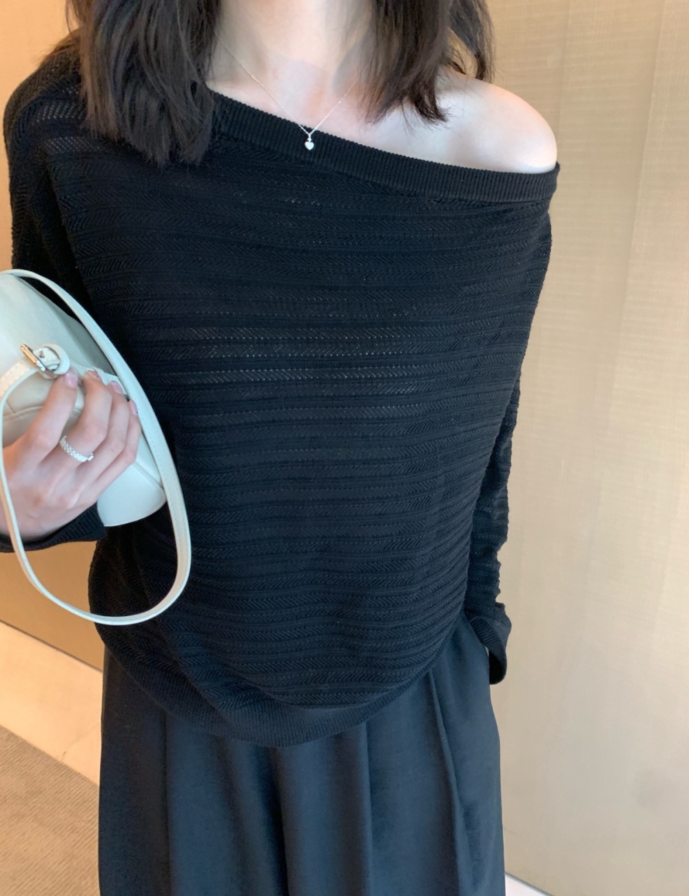 Temperament sloping shoulder long sleeve tops for women