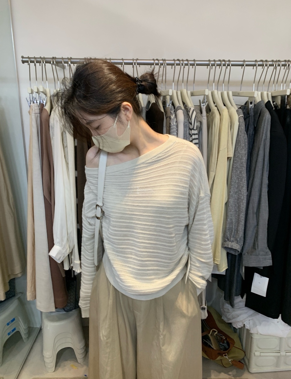 Temperament sloping shoulder long sleeve tops for women