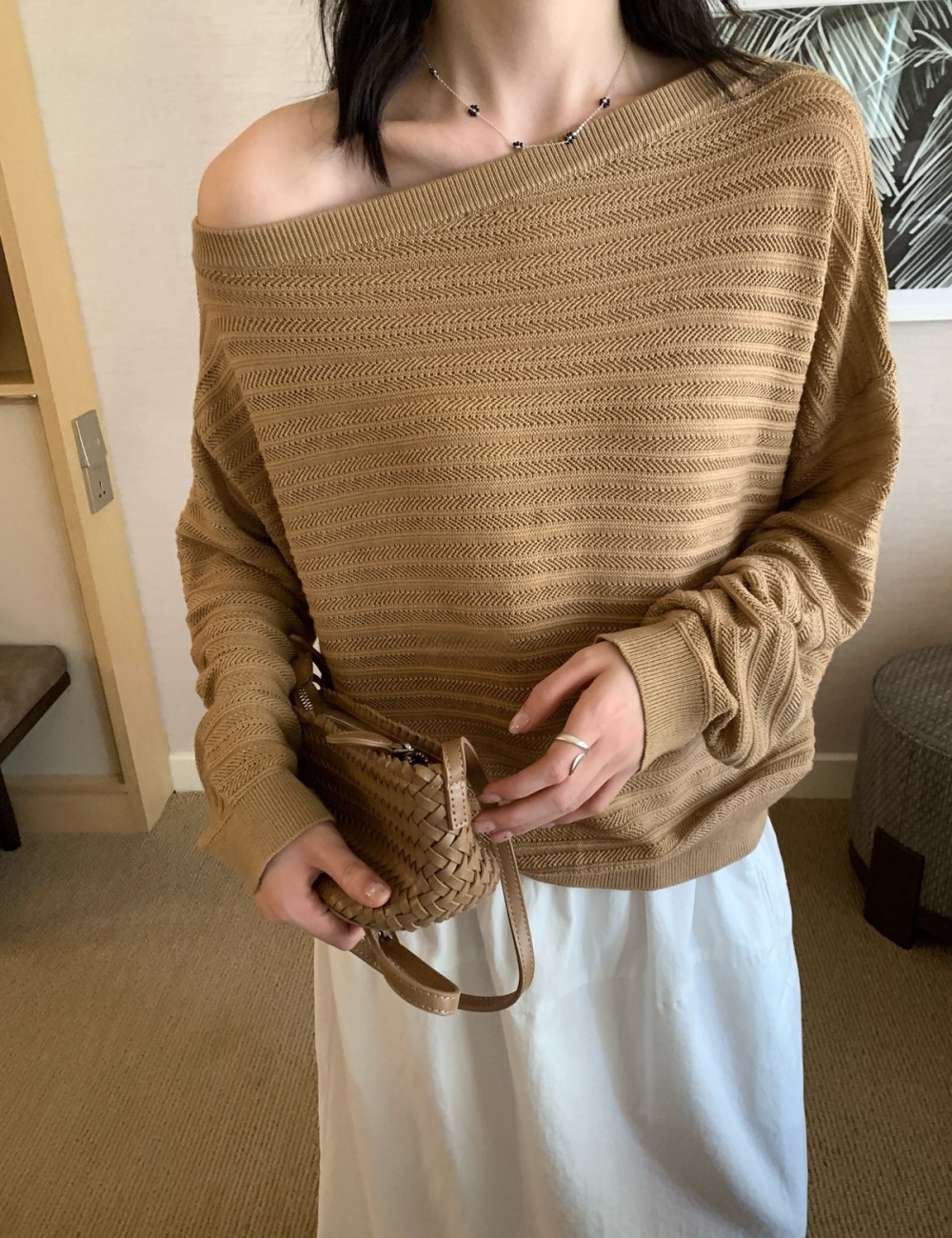 Temperament sloping shoulder long sleeve tops for women
