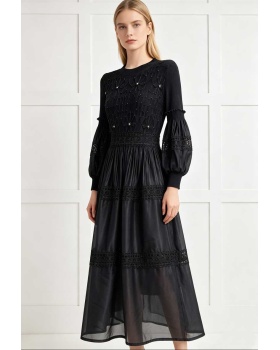 Fold lantern sleeve dress lace long dress for women