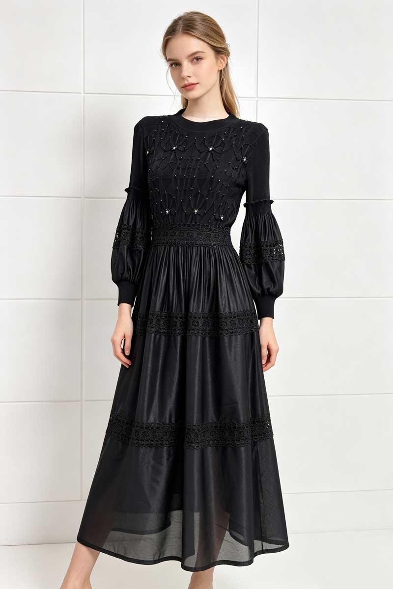 Fold lantern sleeve dress lace long dress for women