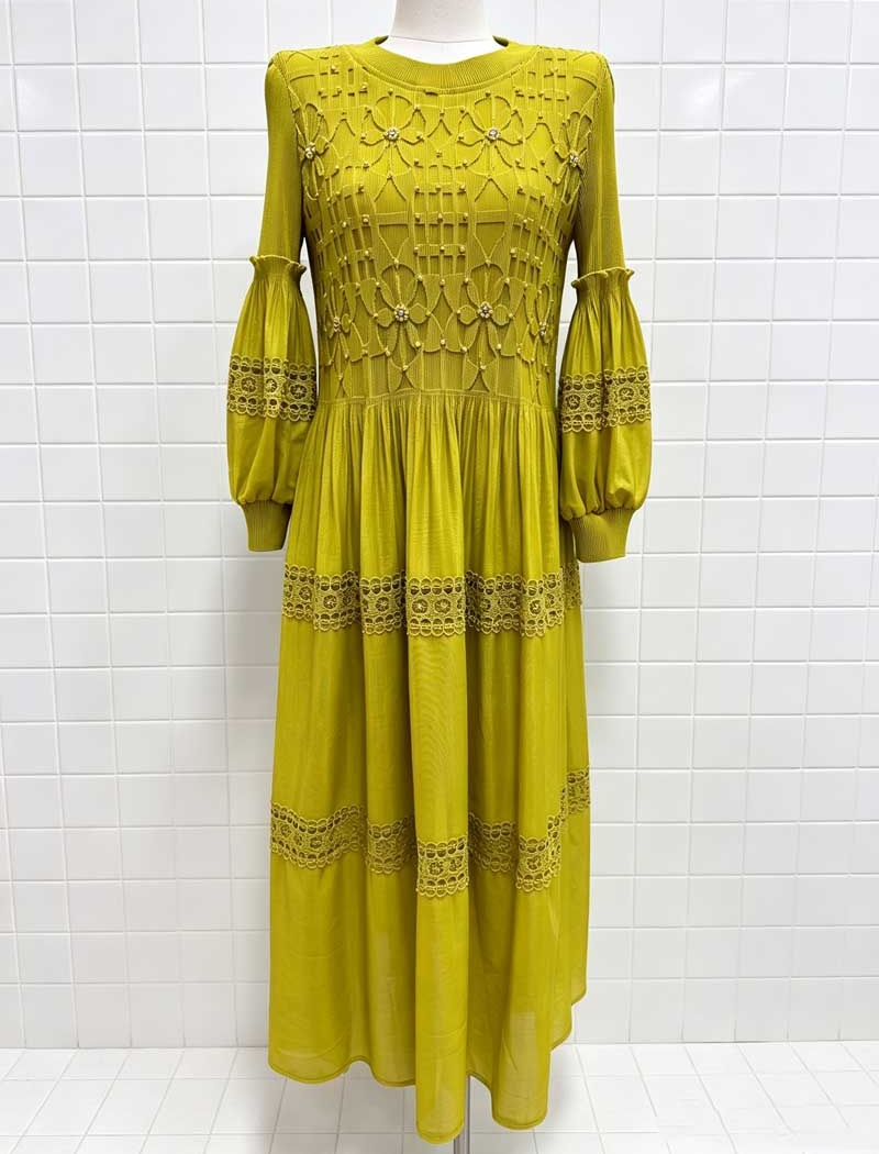 Fold lantern sleeve dress lace long dress for women