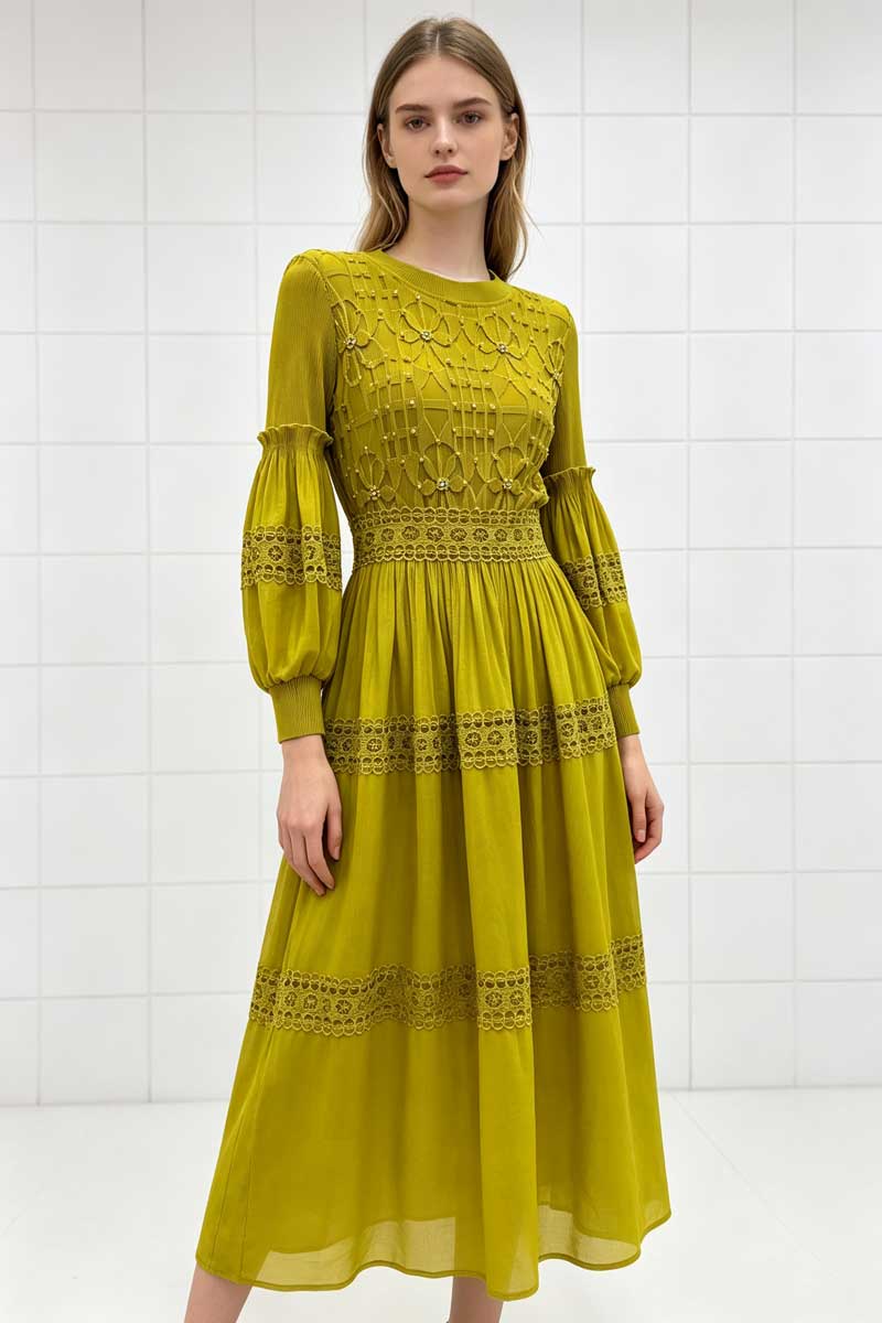 Fold lantern sleeve dress lace long dress for women