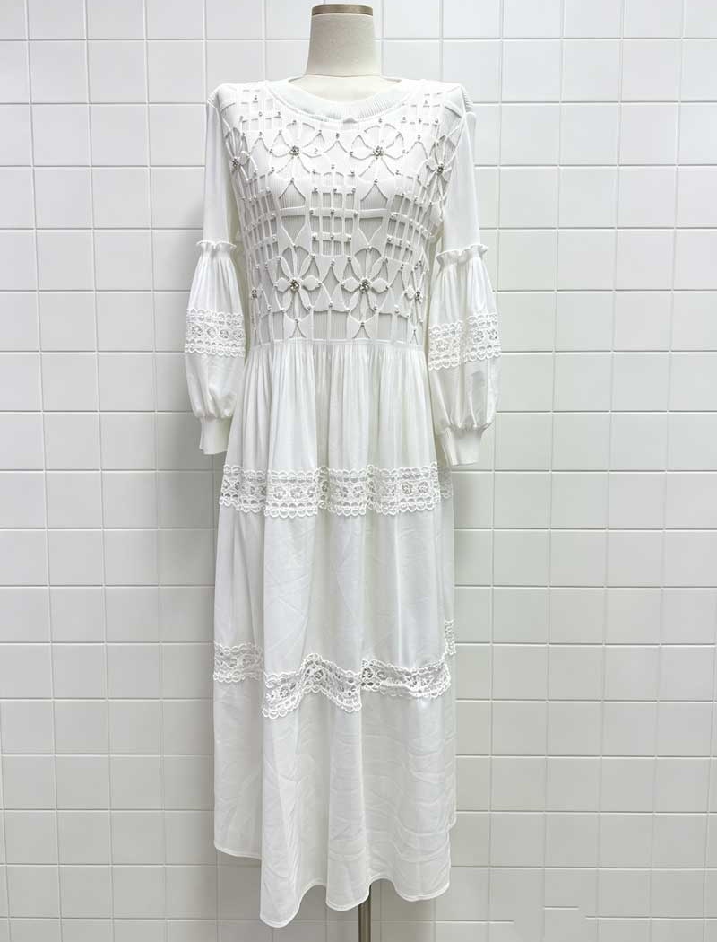Fold lantern sleeve dress lace long dress for women