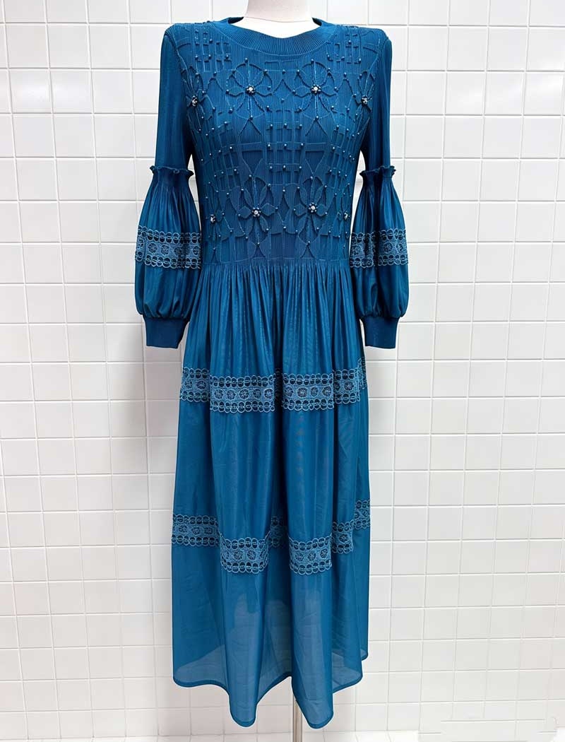 Fold lantern sleeve dress lace long dress for women