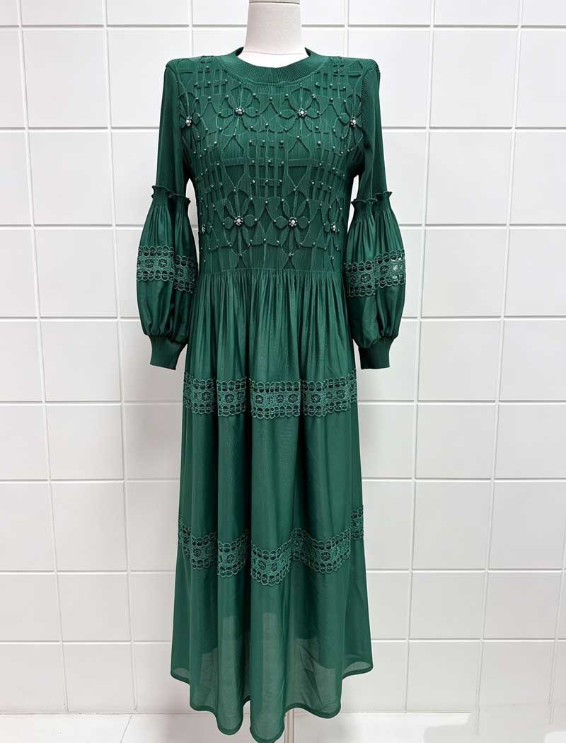 Fold lantern sleeve dress lace long dress for women