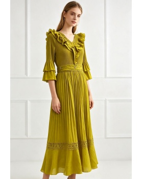 Large yard fold pinched waist hollow dress for women