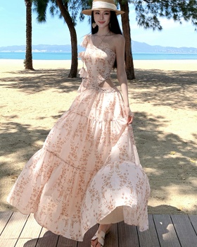 Long orange hollow pinched waist dress for women