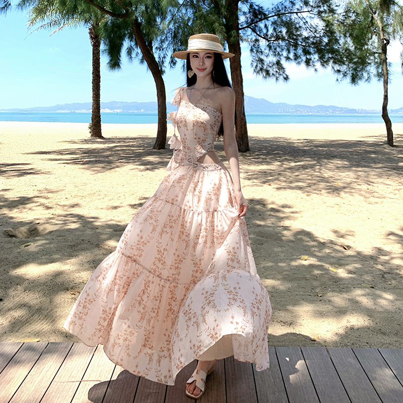 Long orange hollow pinched waist dress for women