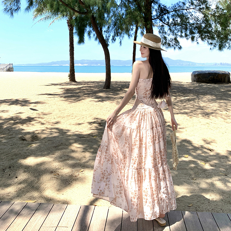 Long orange hollow pinched waist dress for women