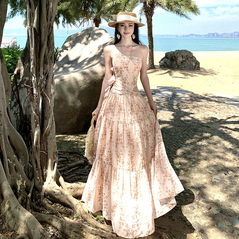 Long orange hollow pinched waist dress for women