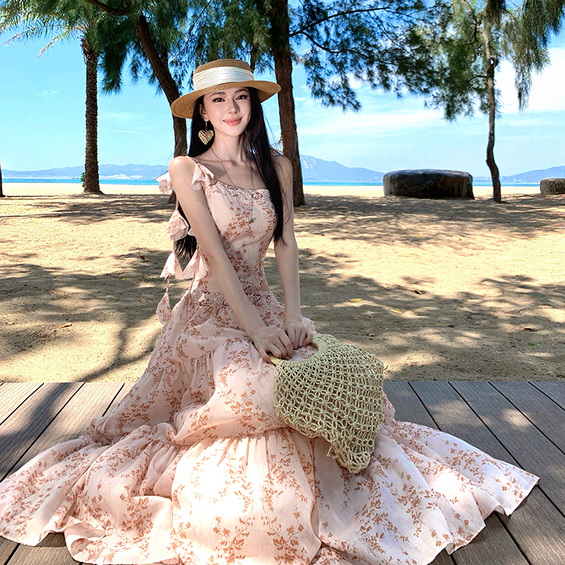 Long orange hollow pinched waist dress for women