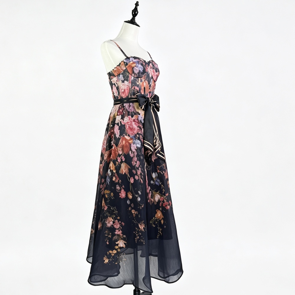 Wrapped chest sling printing light luxury dress