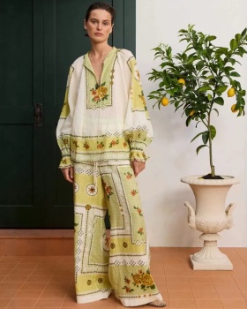 Temperament flax frenum lantern sleeve long pants a set