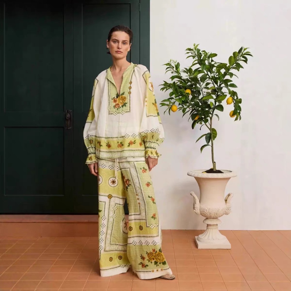 Temperament flax frenum lantern sleeve long pants a set