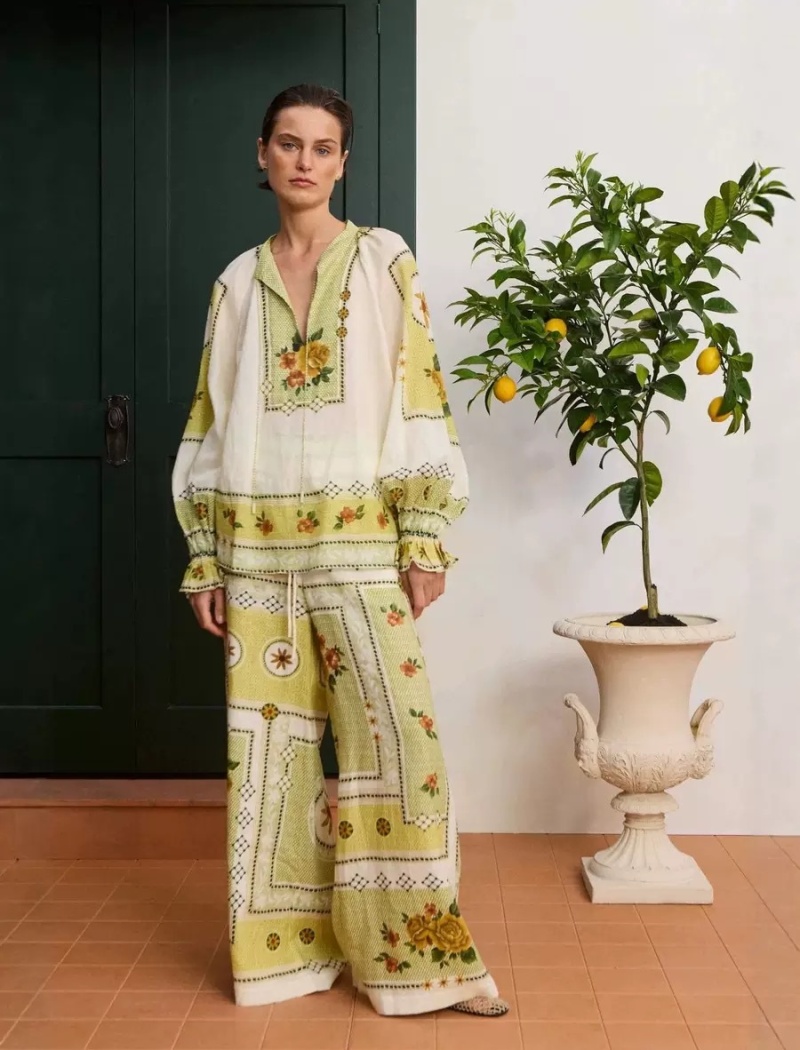 Temperament flax frenum lantern sleeve long pants a set