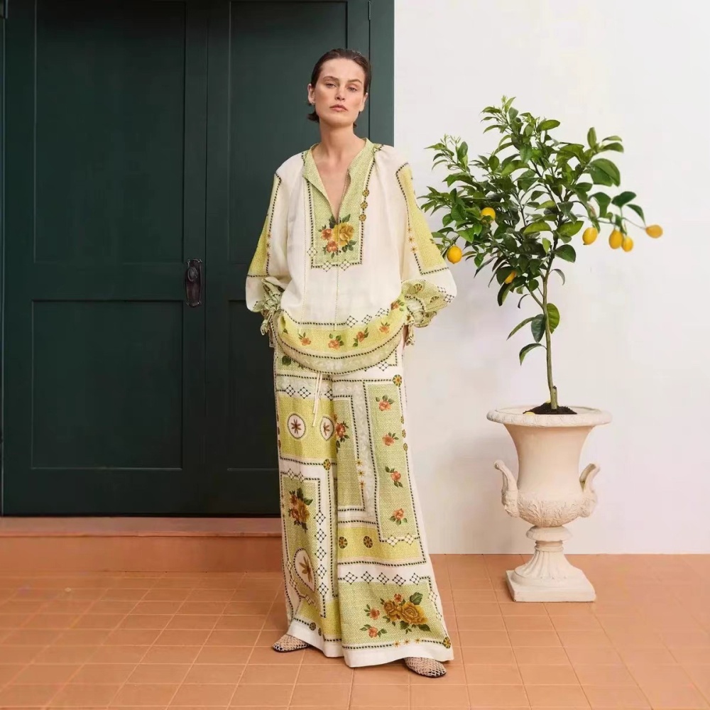 Temperament flax frenum lantern sleeve long pants a set