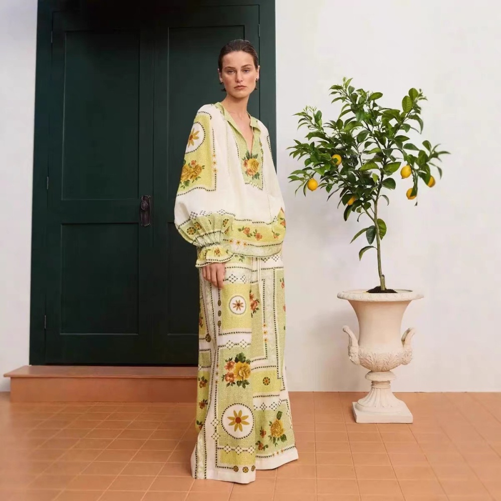 Temperament flax frenum lantern sleeve long pants a set