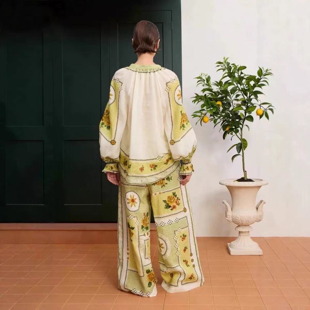 Temperament flax frenum lantern sleeve long pants a set