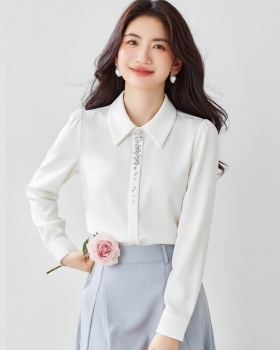 Satin classic white pointed collar autumn shirt for women