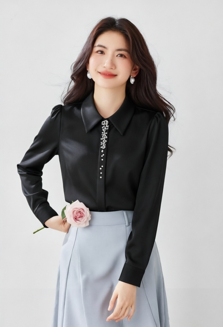 Satin classic white pointed collar autumn shirt for women