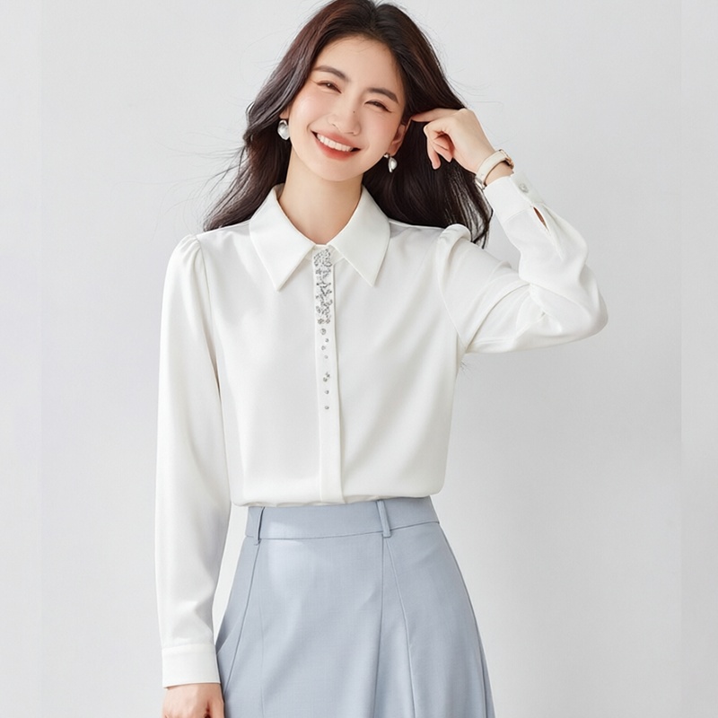 Satin classic white pointed collar autumn shirt for women