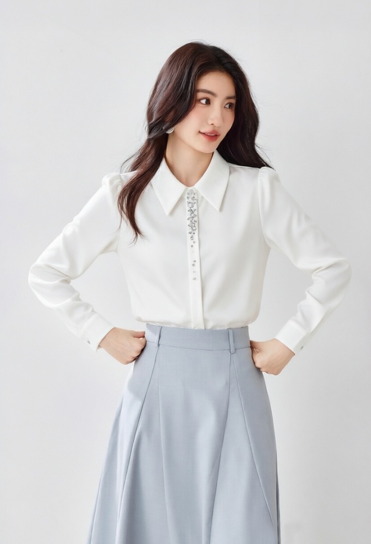 Satin classic white pointed collar autumn shirt for women