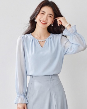 Temperament autumn tender chiffon shirt V-neck hollow tops