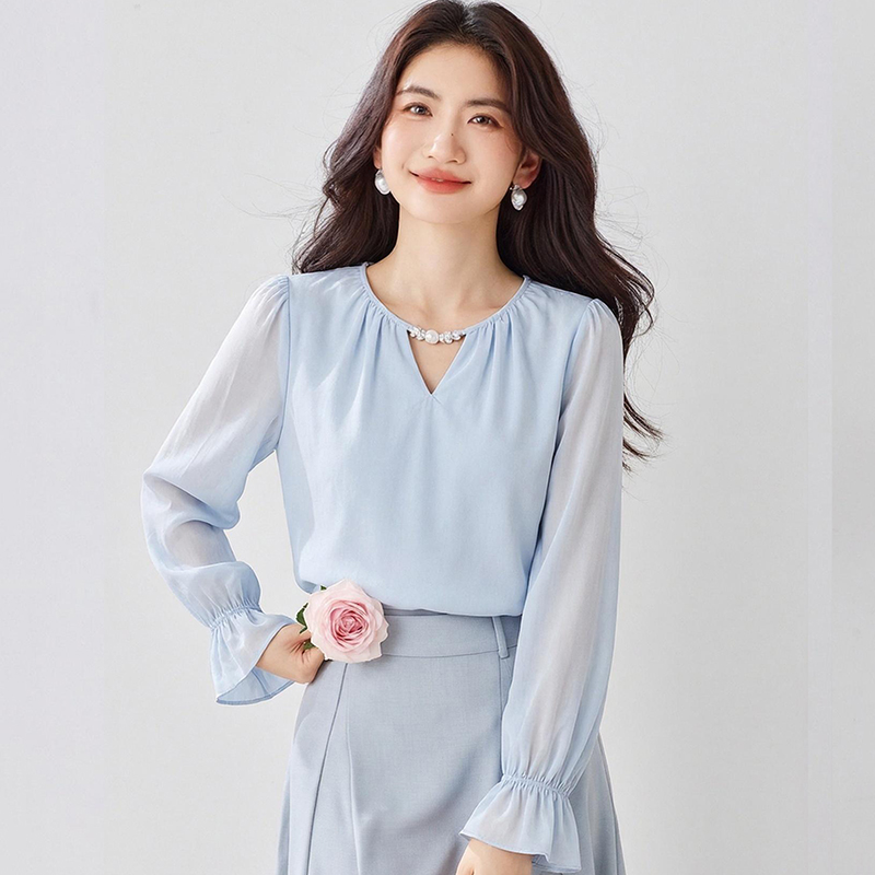 Temperament autumn tender chiffon shirt V-neck hollow tops