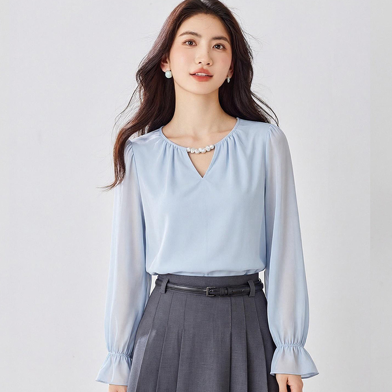 Temperament autumn tender chiffon shirt V-neck hollow tops
