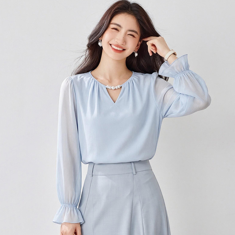 Temperament autumn tender chiffon shirt V-neck hollow tops