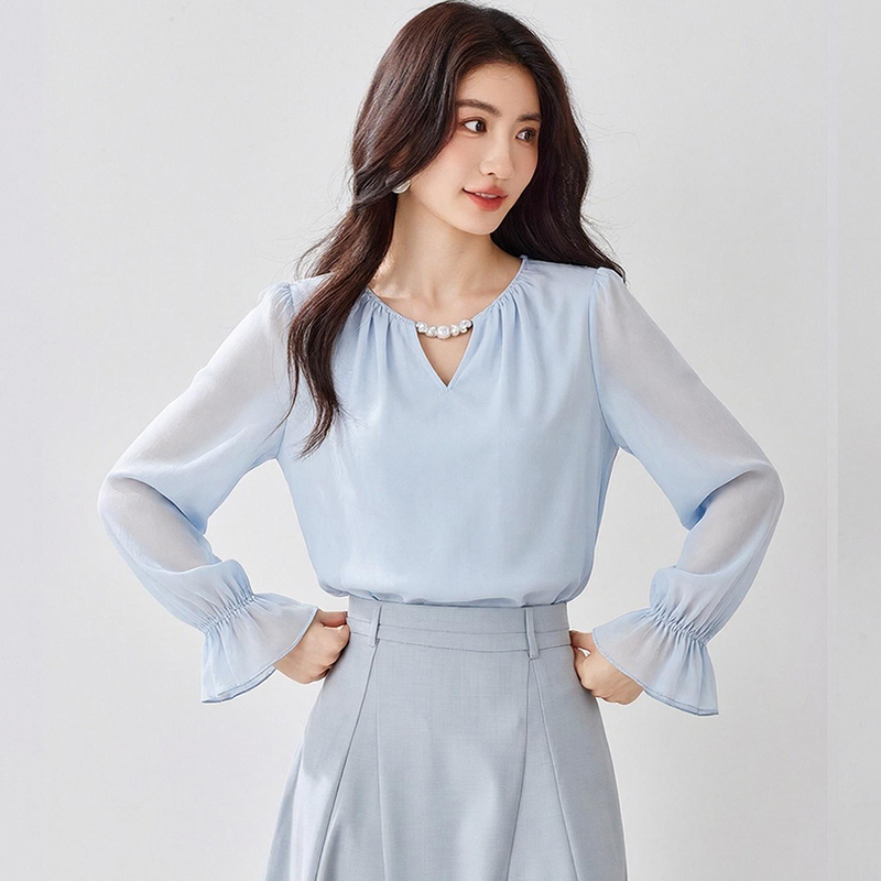 Temperament autumn tender chiffon shirt V-neck hollow tops