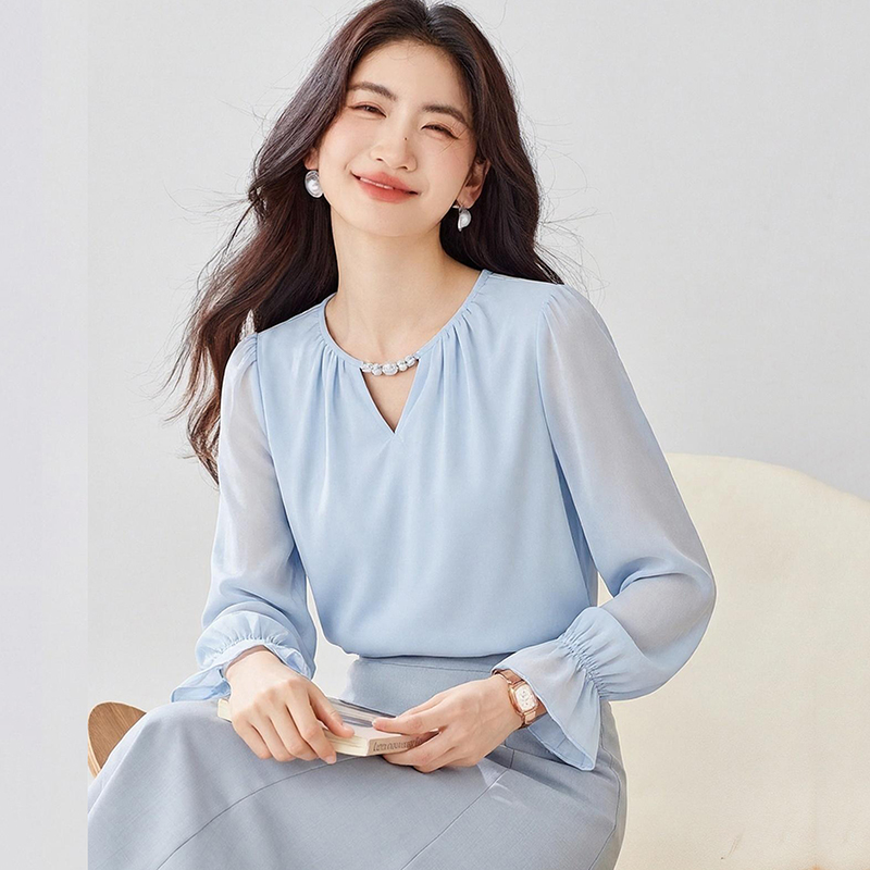 Temperament autumn tender chiffon shirt V-neck hollow tops