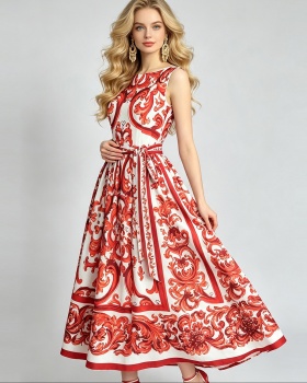 High waist pinched waist flowers romantic dress