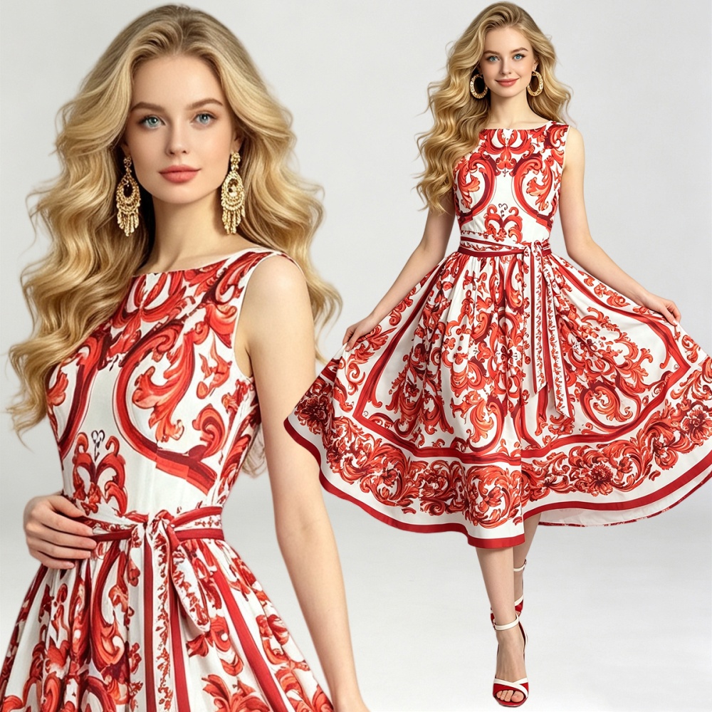 High waist pinched waist flowers romantic dress