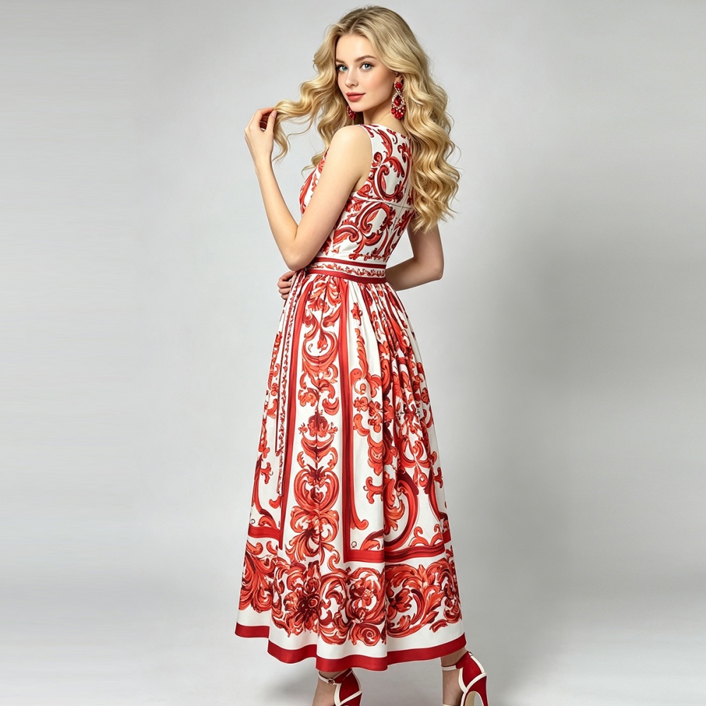 High waist pinched waist flowers romantic dress
