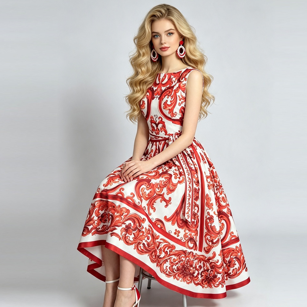 High waist pinched waist flowers romantic dress