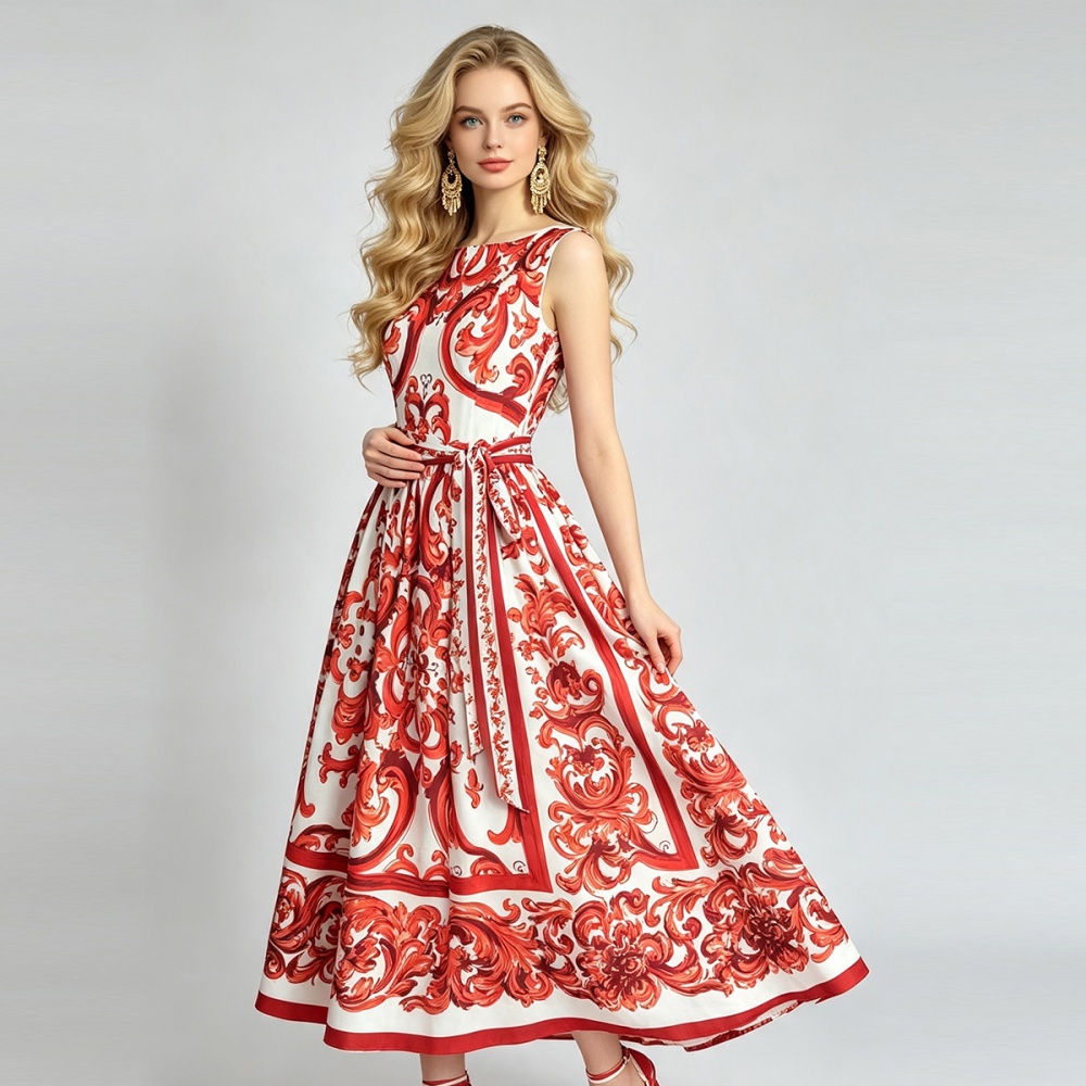High waist pinched waist flowers romantic dress