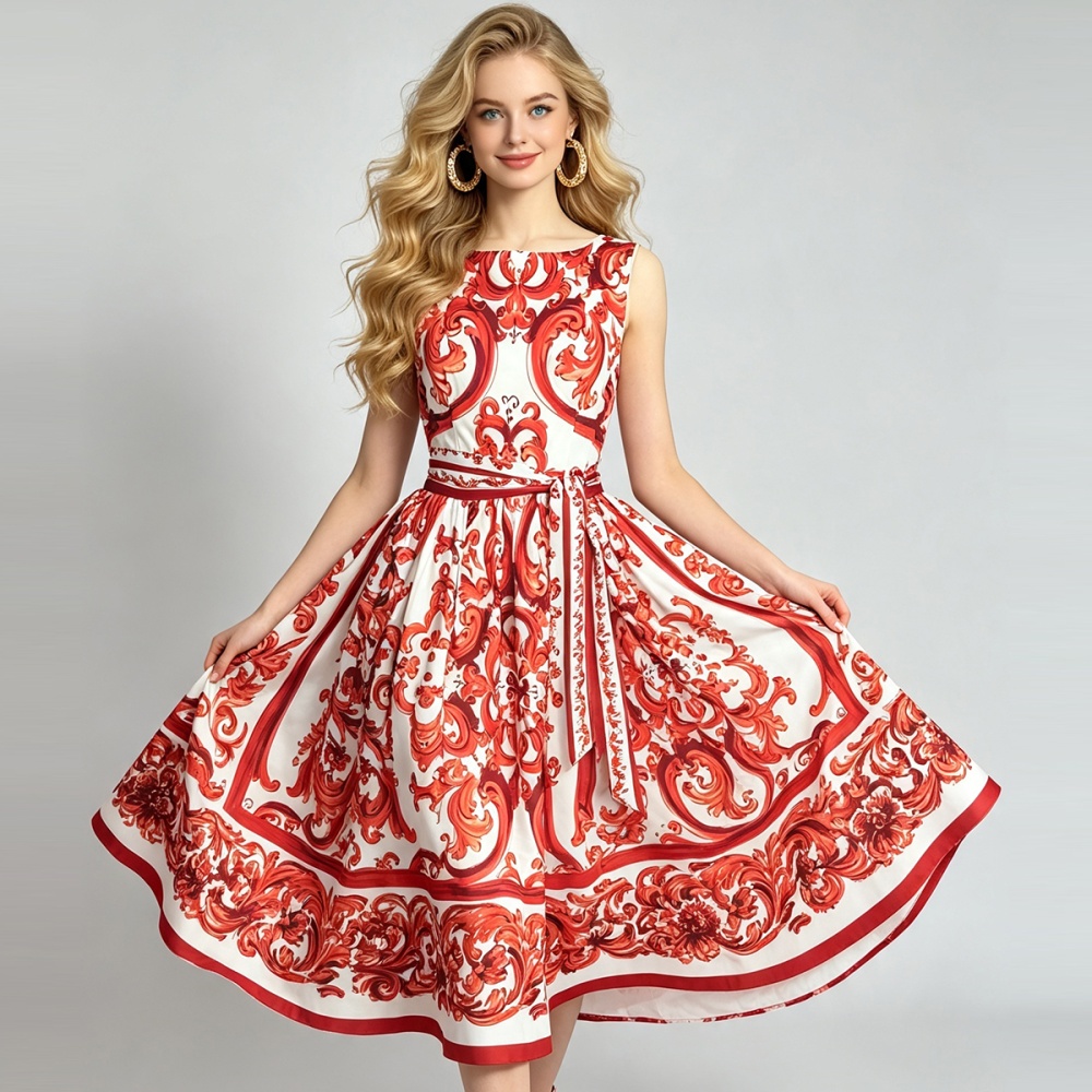 High waist pinched waist flowers romantic dress