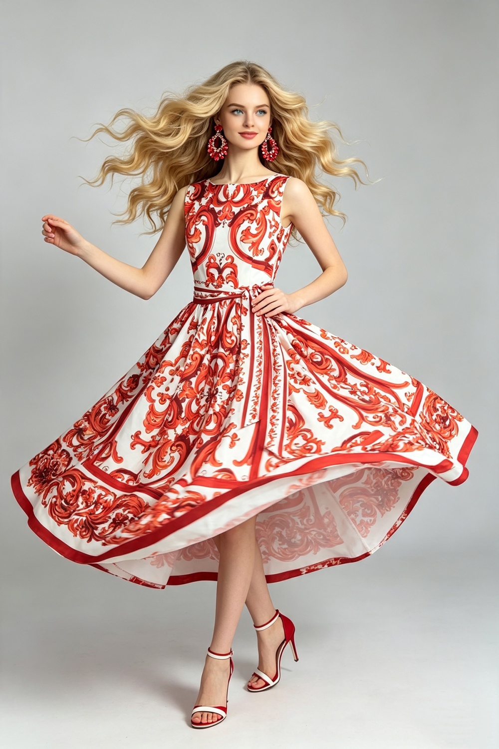 High waist pinched waist flowers romantic dress