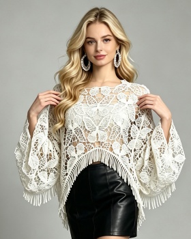 Fashion long sleeve lace smock sexy hollow all-match tops