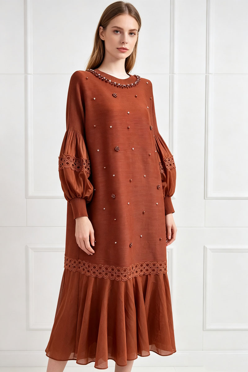 Loose elegant lace spring rhinestone fold dress