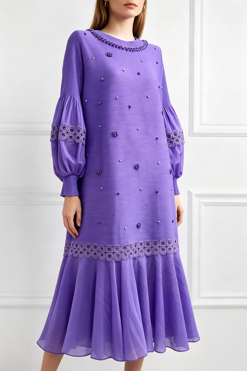 Loose elegant lace spring rhinestone fold dress